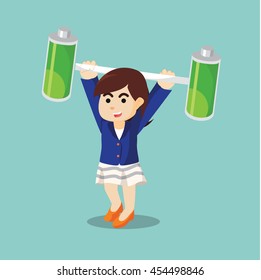 businesswoman lifting two batteries