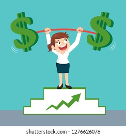 Businesswoman lifting weights money over her head, illustration vector cartoon