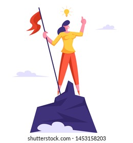 Businesswoman with Light Bulb over Head Climbed to Top of Mountain and Hoisted Flag on Rock Peak. Victory, Success, Business Competition, Challenge, Goal Achievement Cartoon Flat Vector Illustration