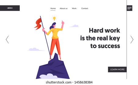 Businesswoman with Light Bulb over Head Climbed to Top of Mountain and Hoisted Flag on Rock Peak. Victory, Business Success, Website Landing Page, Web Page. Cartoon Flat Vector Illustration, Banner