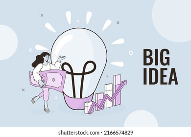Businesswoman with lightbulb idea in his hand and money dollar sign on other hand. Business idea to make money. Turn ideas into money form internet concept. vector outline illustration.