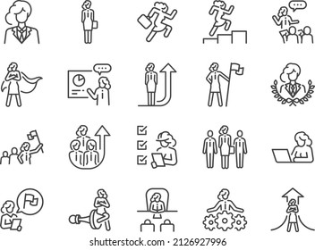 Businesswoman line icon set. Included the icons as girl power, human rights, diversity, inclusion, and more.