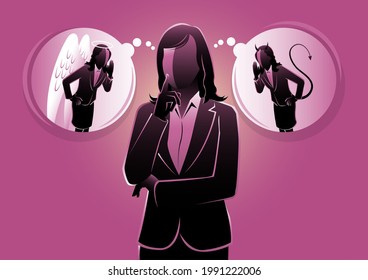 Businesswoman listening to the angel and devil that are whispering to his ears