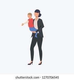 Businesswoman with little child. Single parent, working mother, childcare. Can be used for topics like family, career, motherhood 