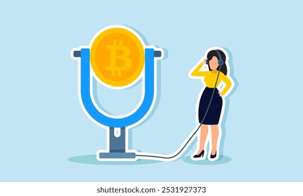 Una mujer de negocios está transmitiendo en vivo usando un micrófono bitcoin, ilustración de la promoción o programa de entrevistas sobre bitcoin