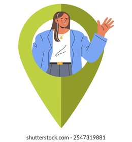 Businesswoman location pin concept. A professional woman symbolized within a map marker, representing work mobility and location-based services. Vector illustration.