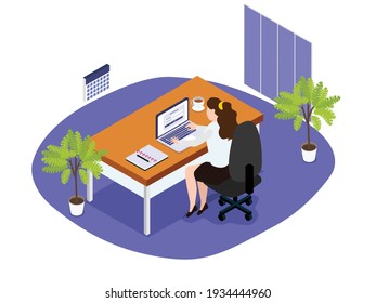 Businesswoman login in office 3D isometric vector concept for banner, website, illustration, landing page, flyer, etc