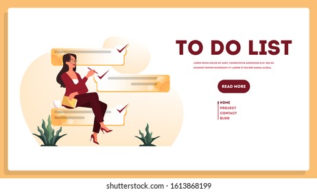 Businesswoman with a long to do list. Big task document. Woman looking at their agenda list. Time management concept. Idea of planning and productivity. Isolated vector illustration set