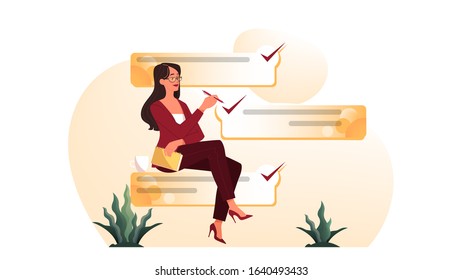 Businesswoman with a long to do list. Big task document. Woman looking at their agenda list. Time management concept. Idea of planning and productivity. Isolated vector illustration set