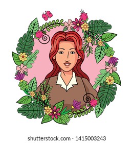 businesswoman with long hair avatar cartoon character profile picture portrait with flowers frame in round icon vector illustration graphic design