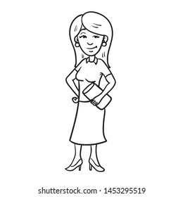 Businesswoman with long hair and skirt and high heels. handbag in hand. comic outline character, illustration, oultine, sketch, doodle, cartoon.