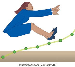 businesswoman long jumping the distance over track with line graph isolated on a white background