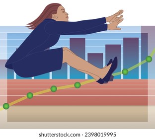 businesswoman long jumping the distance over track with line and bar graphs in the background