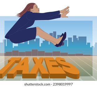 businesswoman long jumping the distance over taxes on track with graphs and buildings in the background