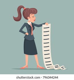 Businesswoman long list work offer deed sign document character icon retro cartoon design vector illustration