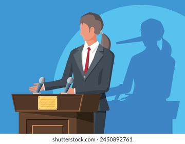 Businesswoman with long nose shadow on wall. Orator speaking from tribune. Public speaker. Liar, lying people in business. Cheat, fraud, scam, hoax and crime. Vector illustration in flat style