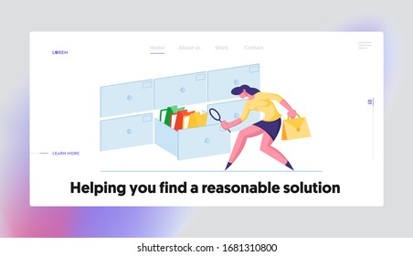 Businesswoman Look for Documents in Archive Storage Landing Page Template. Office Employee Character Searching File with Magnifying Glass. Business Data Administration. Cartoon Vector Illustration