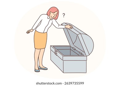 Businesswoman look in empty treasury chest confused with lack of filing. Female employee feel frustrated with emptiness of case or box. Vector illustration.