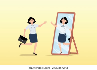 Mujer de negocios mira su fuerte reflejo de confianza en el espejo, confianza en sí misma y autoestima, motivación para el éxito, pensamiento positivo para aumentar la confianza en sí mismo y creer en sí mismo (Vector)