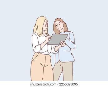 Businesswoman look at tablet discuss work business project together simple korean style illustration