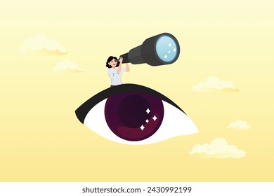 Businesswoman look through telescope from her big eye, business vision, eye looking for opportunity or discover success idea, leadership visionary look forward for future, search for success (Vector)