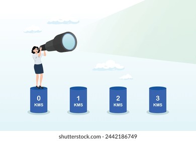 Mujer de negocios mira a través del telescopio para ver el viaje de trabajo, comenzar un nuevo viaje, visionario para el desarrollo de la carrera o hitos del proyecto, desafío o visionario, comenzar un nuevo trabajo, viaje al éxito (Vector)