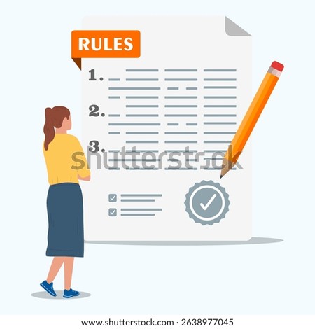 Businesswoman looking for approval of rules document. Concept of regulation standars, company policy, corporate law and business ethics.
