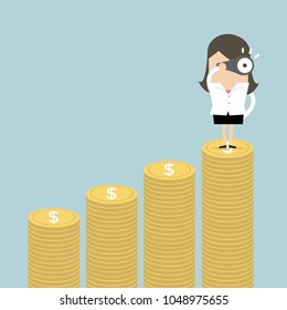 Businesswoman looking future on money graph. vector
