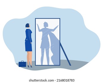 businesswoman looking at herself in mirror dreaming with super hero with strong motivation Super Hero Shadow Leadership Motivation Silhouette Concept Vector illustration 