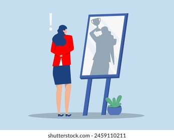 Businesswoman looking at his strong ideal self superhero reflection mirror.ambition and self confident concept. Dreamy person, self motivation, self esteem human vector illustration. 