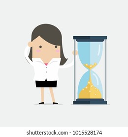 Businesswoman is looking at hourglass with Gold coins. Time is money. Vector