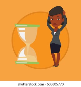 Businesswoman looking at hourglass symbolizing deadline. Woman worrying about deadline terms. Time management and deadline concept. Vector flat design illustration in the circle isolated on background