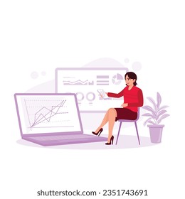 Businesswoman is looking at a laptop monitor. Investor broker analyzing indices, trading online investment data on stock market charts. Trend Modern vector flat illustration