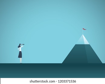 Businesswoman looking at mountain vector concept. Symbol of business goals, objectives, opportunities and vision. Eps10 vector illustration.