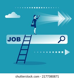 Businesswoman is looking for a new job. Telescope in hands of woman. Search for new opportunities. Vector illustration cartoon design. Isolated on background. Vision future concept.