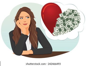 Businesswoman looking up on thought bubble of money heart