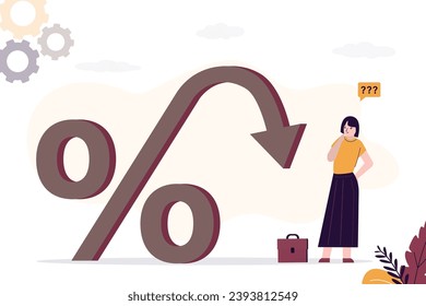 Businesswoman looking at percentage sign with falling. Interest rate falling down, reduction. Investor think about profit fall in economic recession, stock market value loss, FED reduce interest rate.