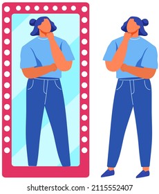 Businesswoman looking at reflection in mirror and evaluating her attire. Dress code, clothing female style concept. Lady admires herself, looks at appearance. Woman sees reflection, outfit in mirror