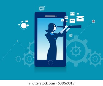 Businesswoman looking for smart phone with a telescope. Concept business success illustration. Vector cartoon character or abstract flat