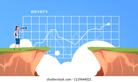 Businesswoman looking straight with binocular on business diagram over abyss mountain risk assessment concept, flat vector