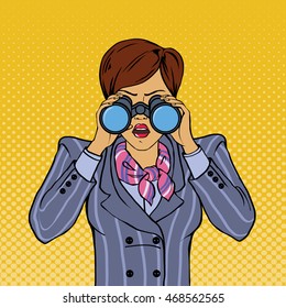A businesswoman looking through binoculars in retro pop art style, vector illustration