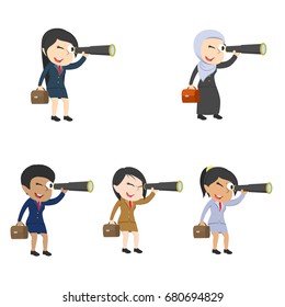 businesswoman looking through monocular different race set