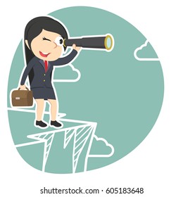businesswoman looking through monocular on cliff