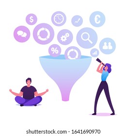 Businesswoman Looking Through Spyglass On Huge Funnel With Various Business Icons Falling Down. Businessman Meditating Sitting At Data Filter Tunnel. Creative Process. Cartoon Flat Vector Illustration