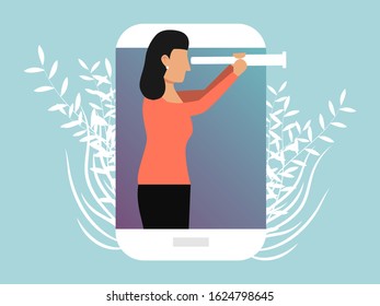 Businesswoman looking through a spyglass vector illustration. Business girl character foresight, looking to the future. Female person looks in spy glass.