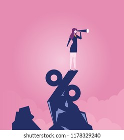 Businesswoman Looking Through Telescope Standing On Top Of Percentage Sign - Business Concept Vector Illustration.