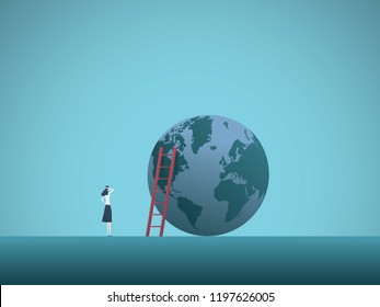 Businesswoman looking at the top of the world vector concept. Symbol of ambition, success, motivation, achievement, career growth. Eps10 vector illustration.