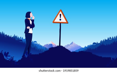Businesswoman looking at warning sign - Female person contemplating outdoors in front of sign. Business danger concept. Vector illustration.