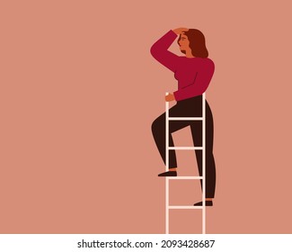 Businesswoman looks into the future at the top of ladder. Female entrepreneur searches for opportunities and new business ideas. Concept of choosing the direction of development. Vector illustration