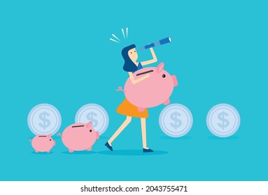 Businesswoman looks for money to put in a piggy bank, Vector illustration design concept in flat style